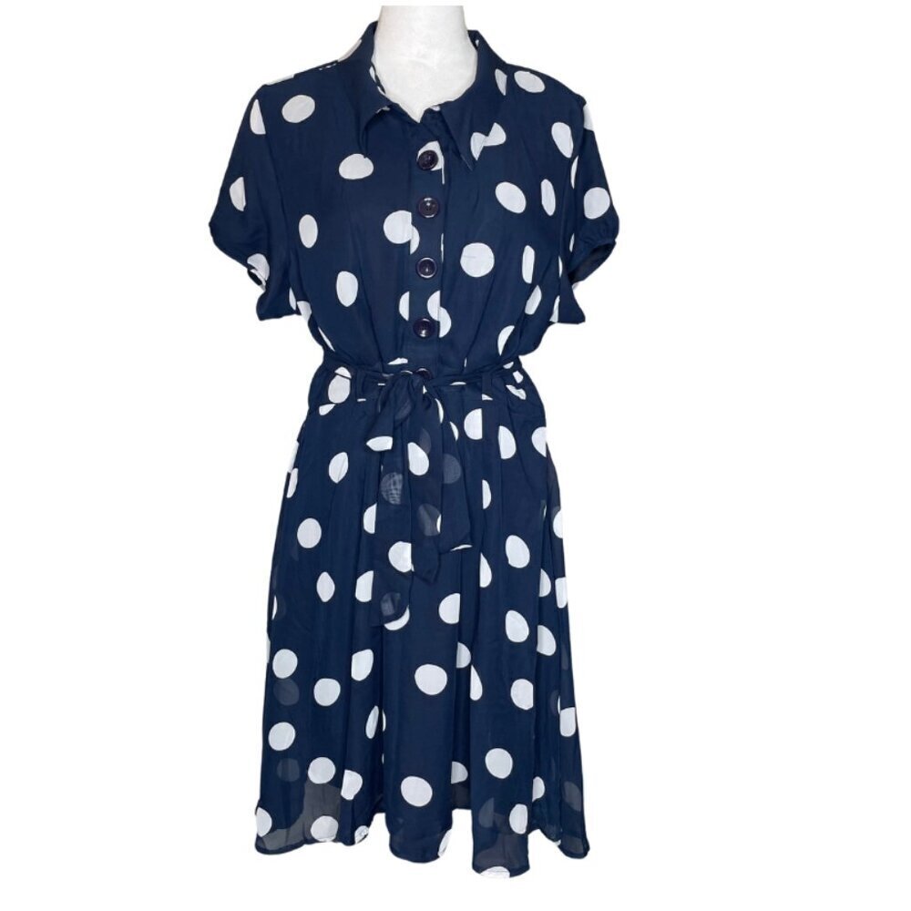 ILE New York Navy Blue White Polka Dot Lined Midi Dress with Belt Size 18